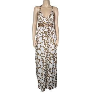 Max Azria Brown White Strappy Ruched Maxi Dress